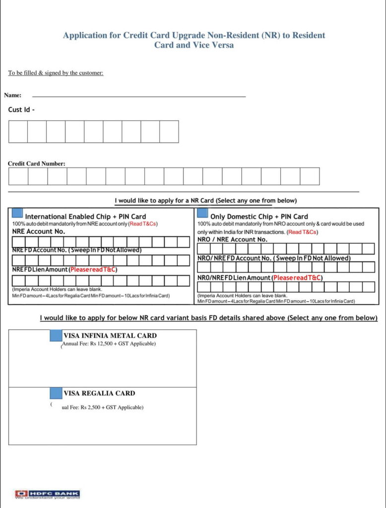 HDFC Bank Application Form for Credit Card Upgrade Download in PDF