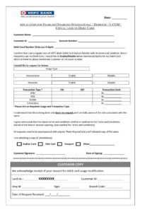 HDFC Bank Application Form for Enabling/Disabling International/Domestic/E-Com/ Contactless on Debit Card Download in PDF