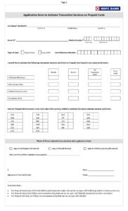 HDFC Bank Application Form to Activate Transaction Services on Prepaid Cards Download in PDF