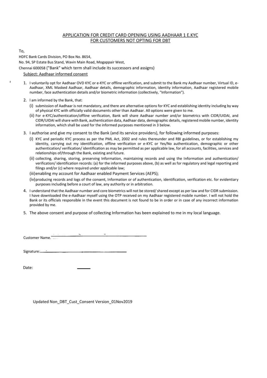 Hdfc bank application form for credit card opening using aadhaar