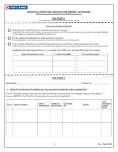 HDFC Bank Beneficial Owner Declaration for Existing Customers Form Download in PDF