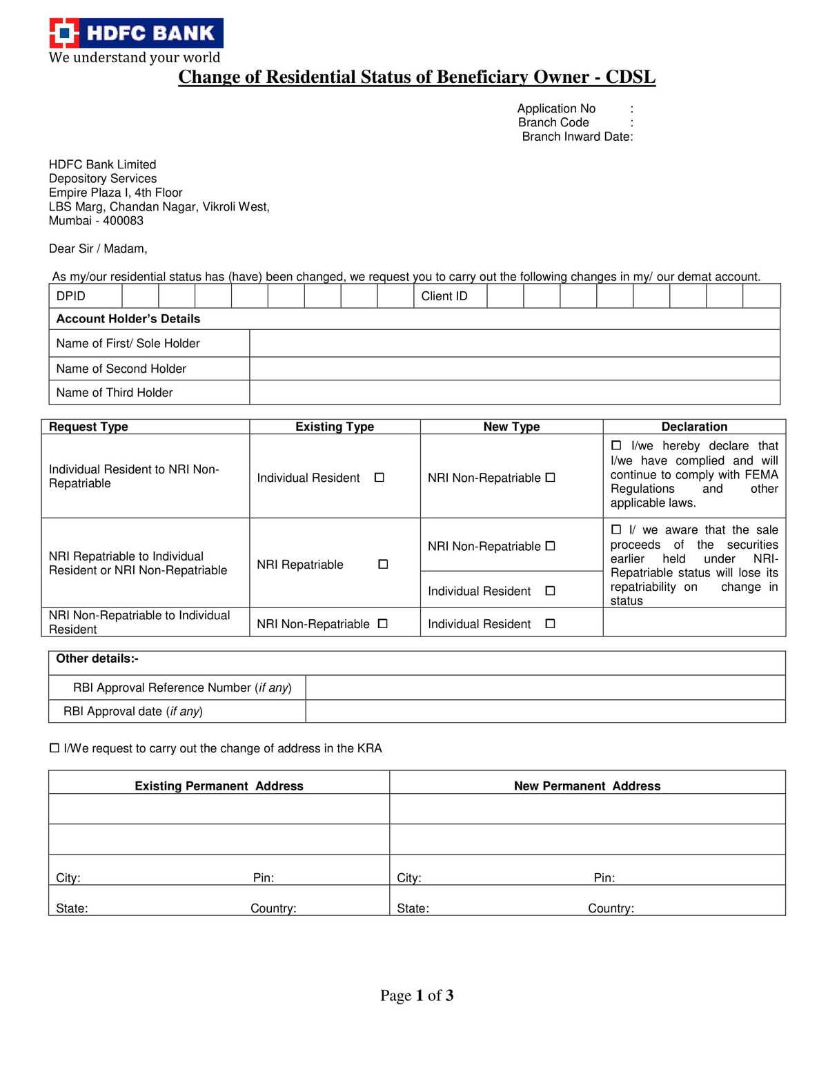 HDFC Bank Change of Residential Status of Beneciciary Owner-CDSL Form ...