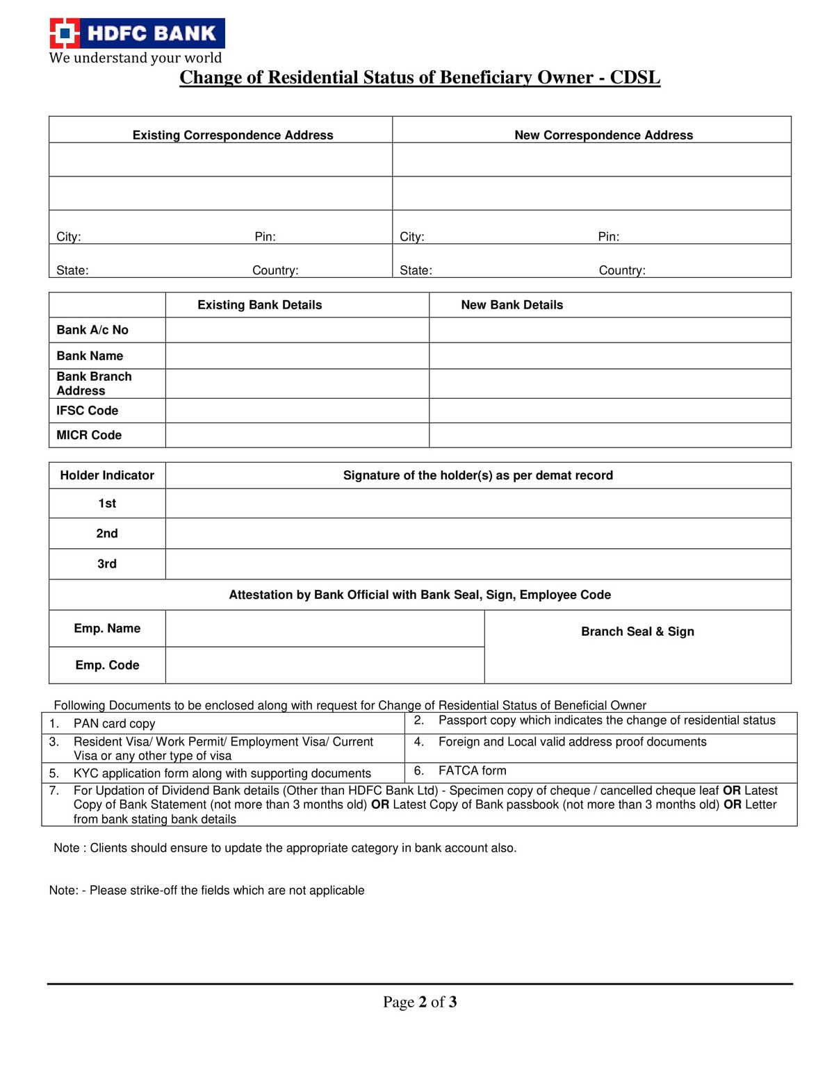 HDFC Bank Change of Residential Status of Beneciciary Owner-CDSL Form-2