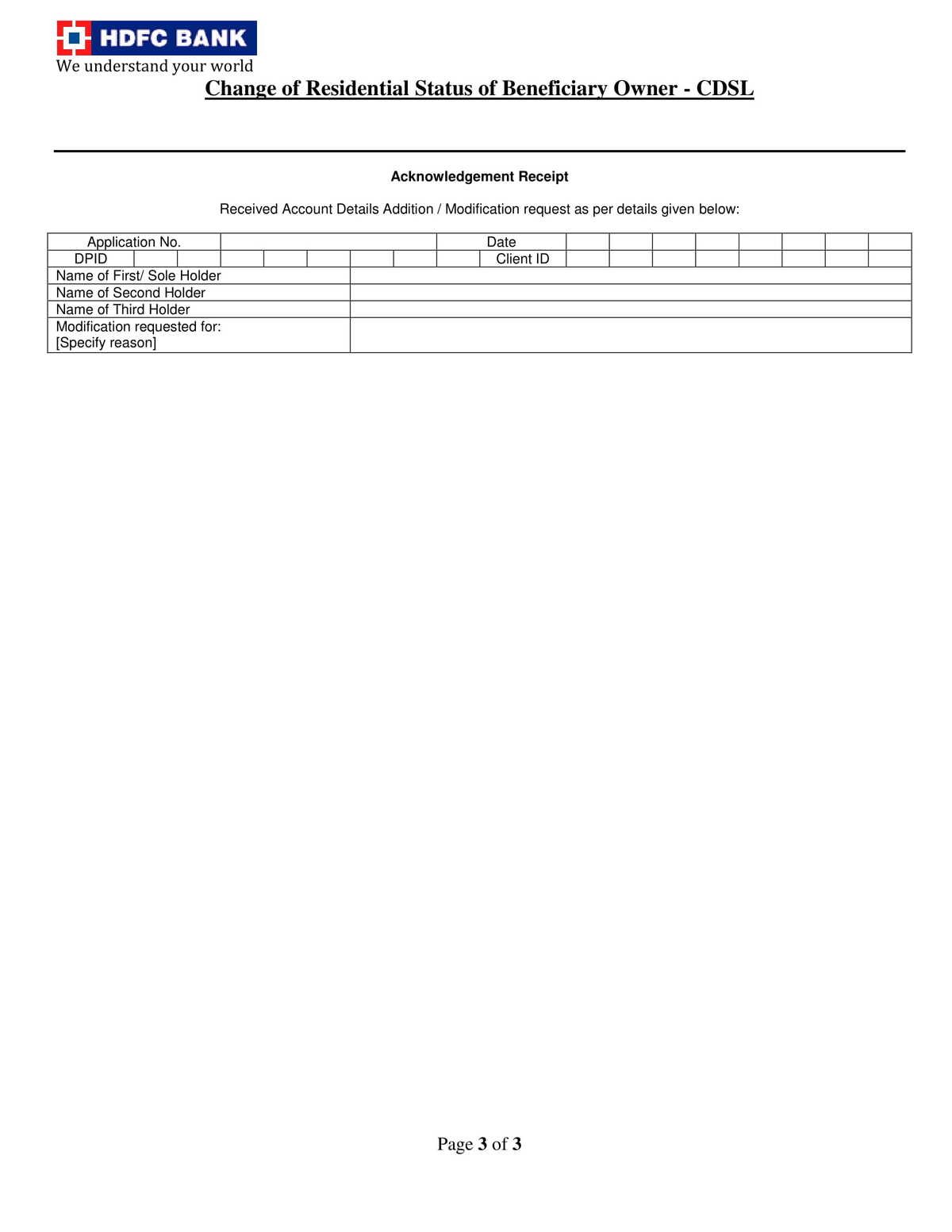 HDFC Bank Change of Residential Status of Beneciciary Owner-CDSL Form-3