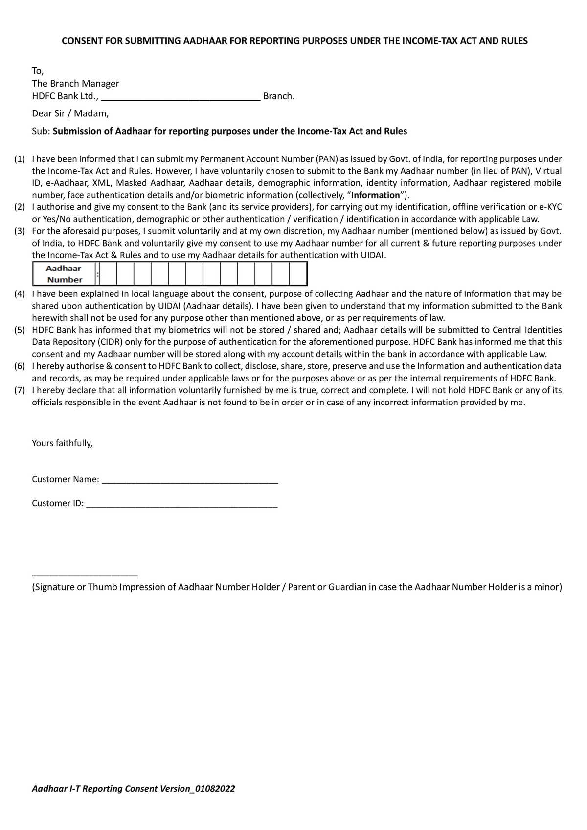 HDFC Bank Consent for Submitting Aadhaar for Reporting Purposes Under the Income Tax Act