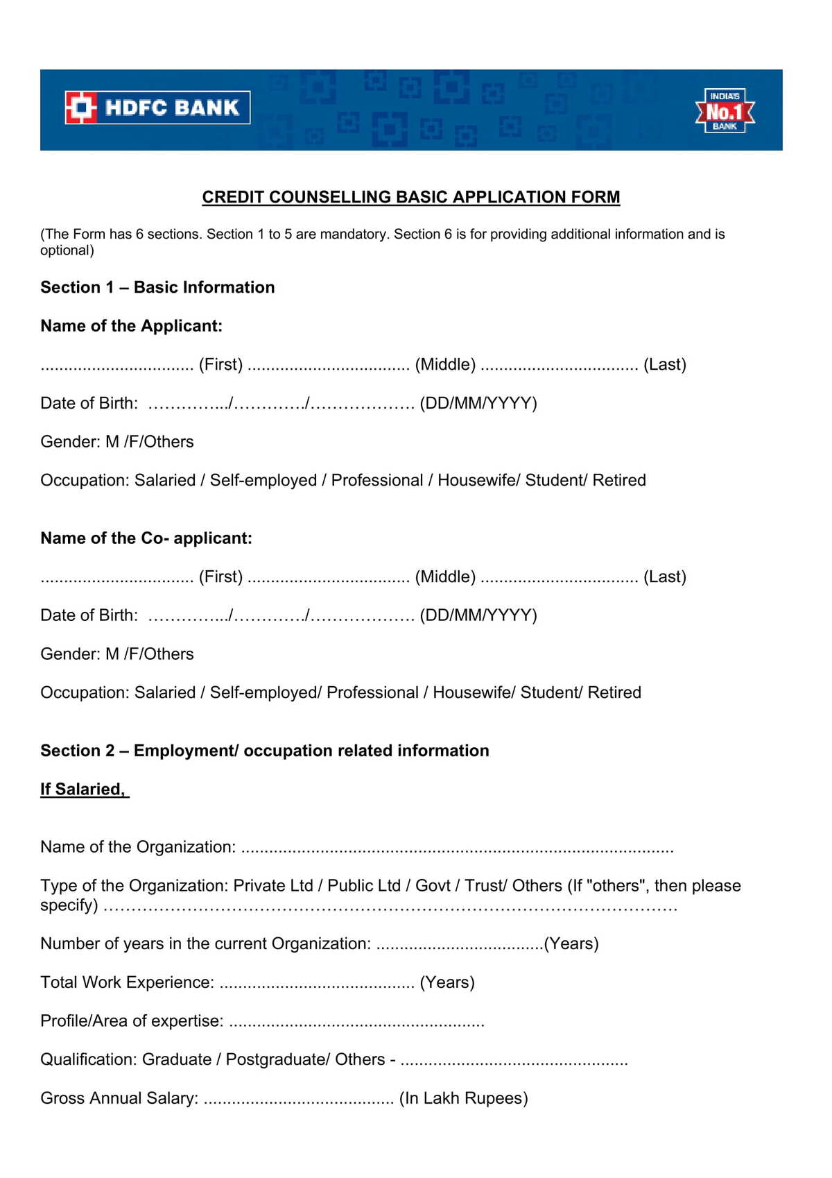 HDFC Bank Credit Counselling Basic Application Form-1