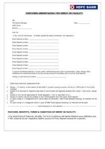 HDFC Bank Customer Undertaking Form for Sweep-In Facility Download in PDF