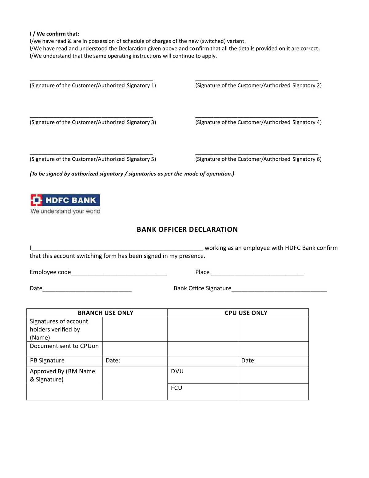 HDFC Bank Customer Undertaking Form for Switching Current Account Variant Without Change of Account Number-2