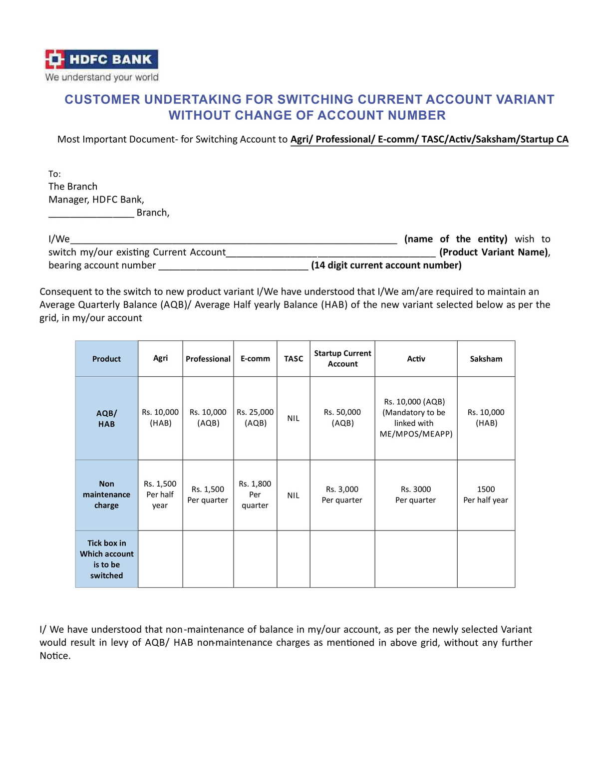 HDFC Bank Customer Undertaking Form for Switching Current Account Variant Without Change of Account Number-3