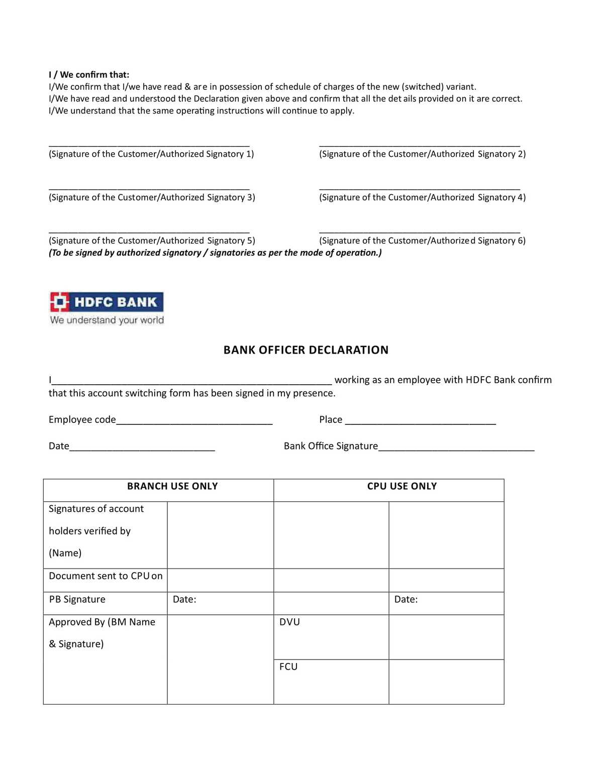 HDFC Bank Customer Undertaking Form for Switching Current Account Variant Without Change of Account Number-5