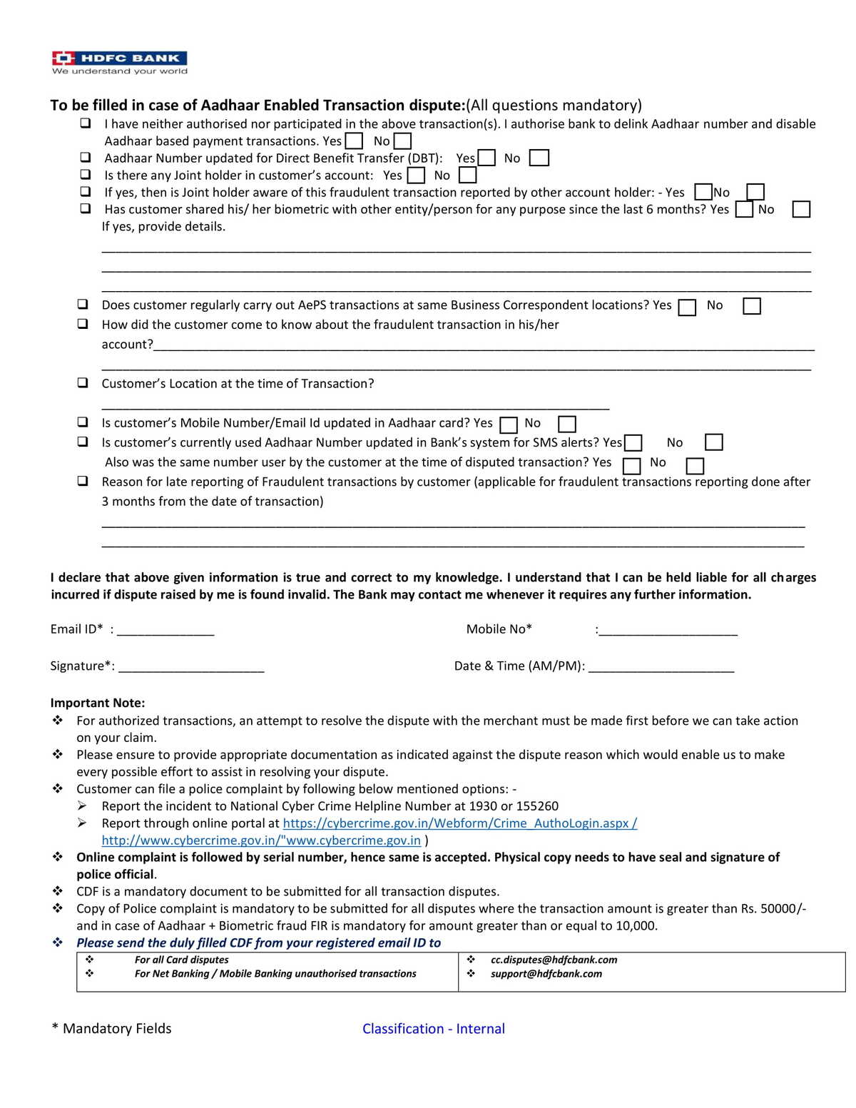 HDFC Bank Digital Banking Dispute Form-3