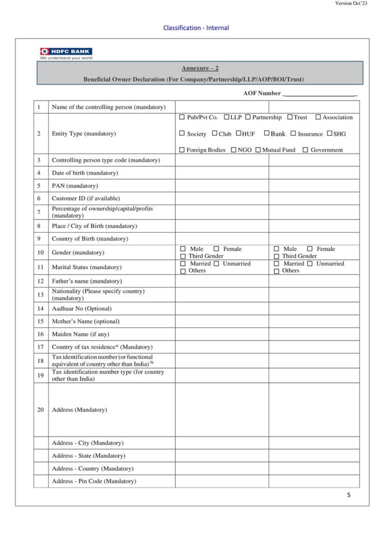 HDFC Bank Extended Declaration for Non-Individual Entities Form ...