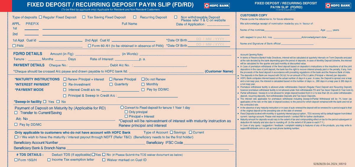 HDFC Bank Fixed DepositRecurring Deposit Payin Slip Form (FDRD)-1