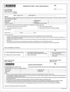 HDFC Bank Form for Intimation of Theft/Total Loss of Vehicle Download in PDF