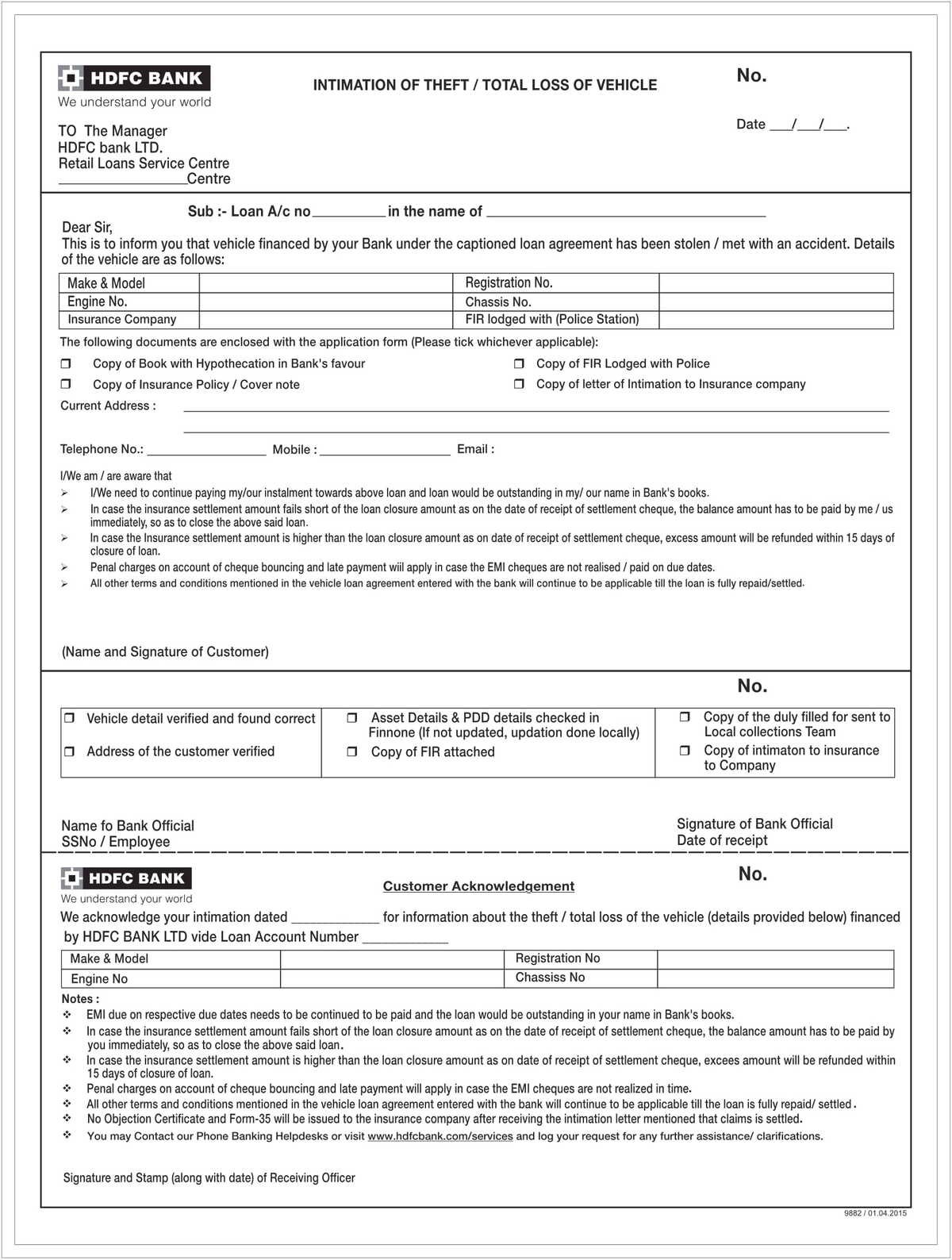 HDFC Bank Form for Intimation of Theft or total Loss of Vehicle