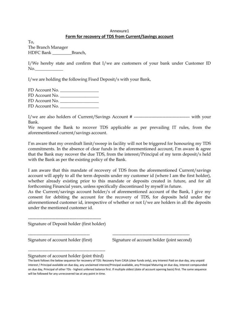 Hdfc bank form for recovery of tds from current saving account download
