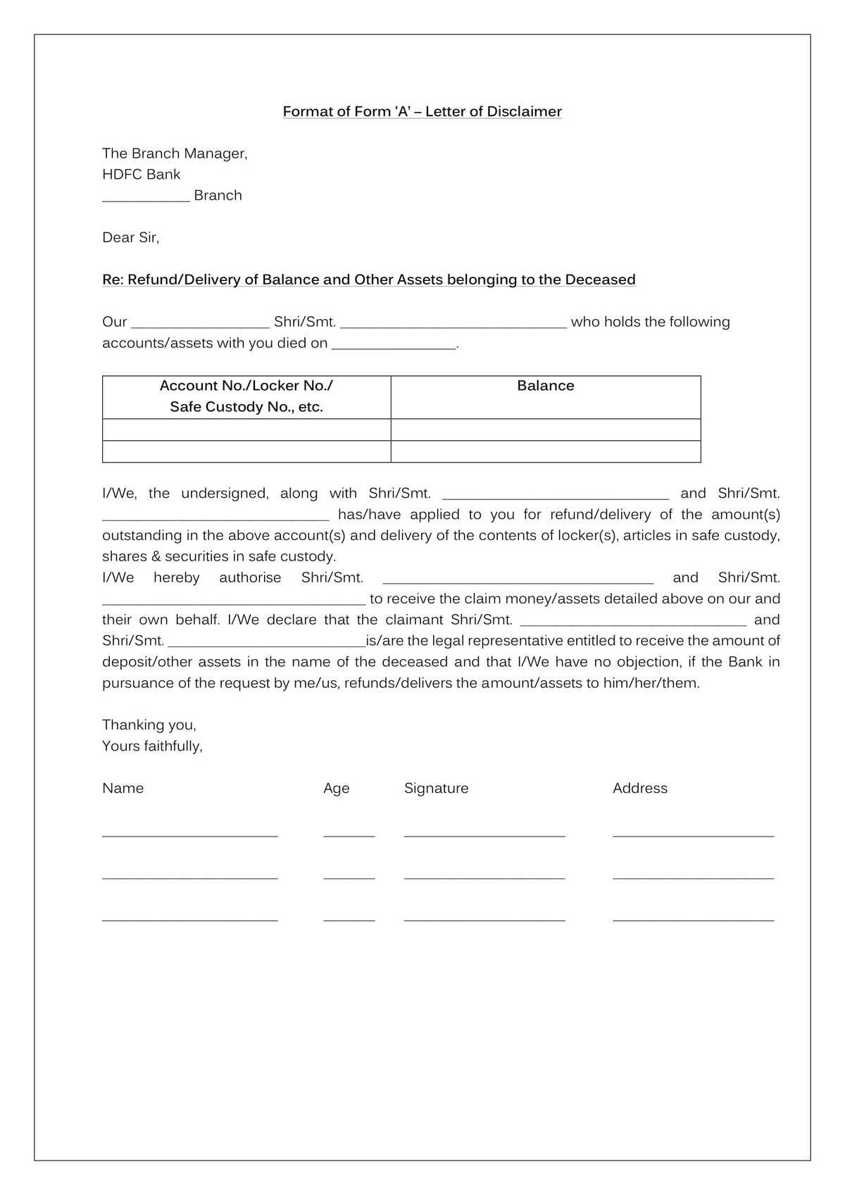 HDFC Bank Format of Claim Applicaton Form From Legal heirs-5