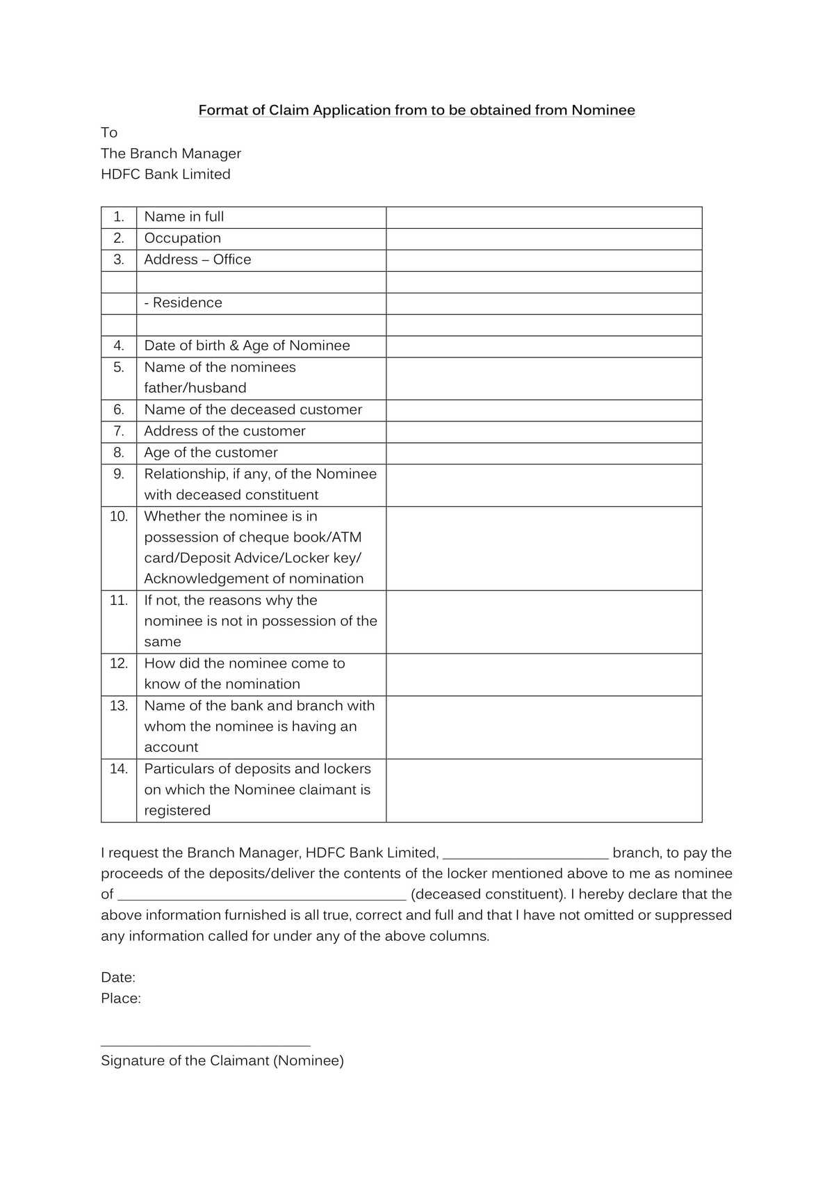 HDFC Bank Format of Claim Applicaton Form From To Be Obtained From Nominee-1