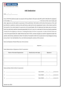 HDFC Bank HUF Declaration Form in PDF Download