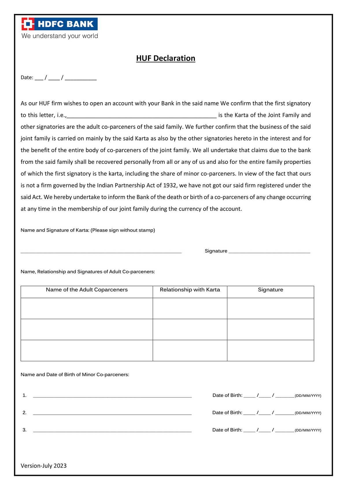 HDFC Bank HUF Declaration Form in PDF Download