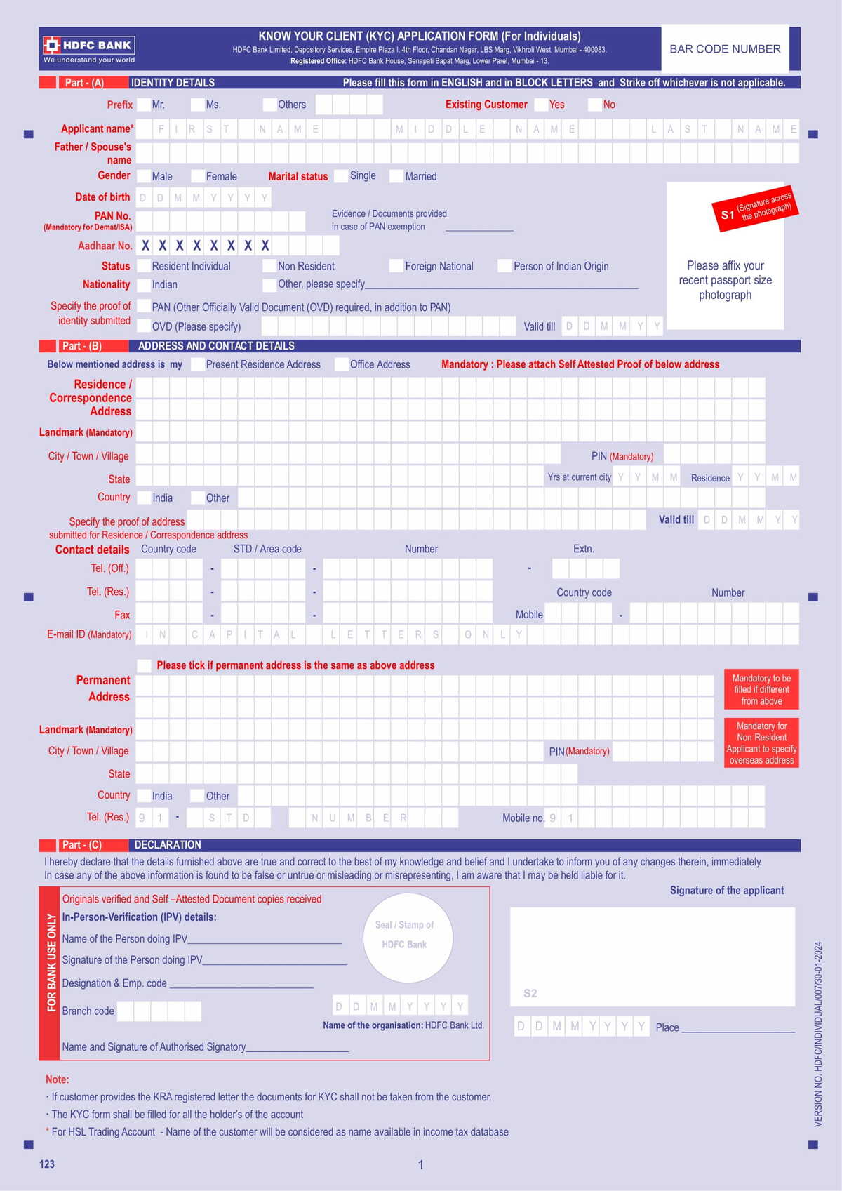 HDFC Bank Know Your Client (KYC) Application Form-01