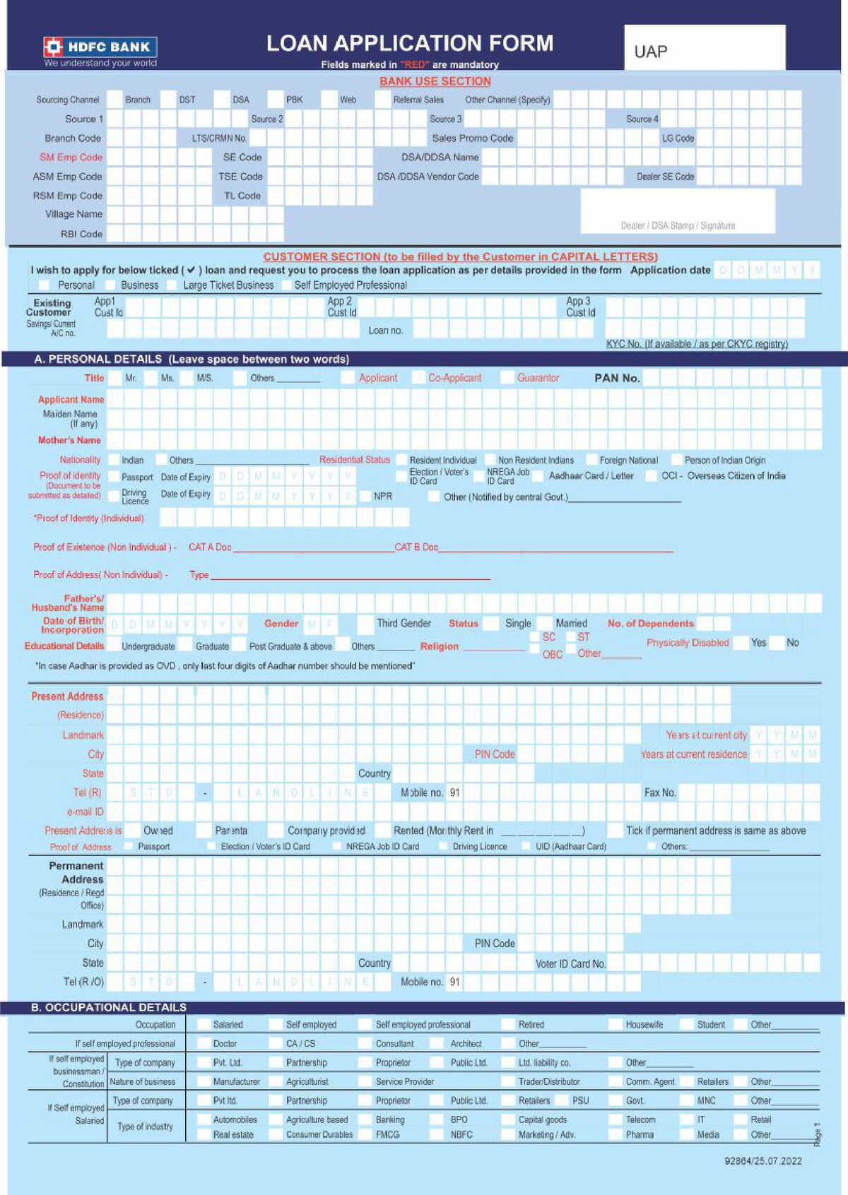 HDFC Bank Customer Profile Updation Form For Individual Non Individual 