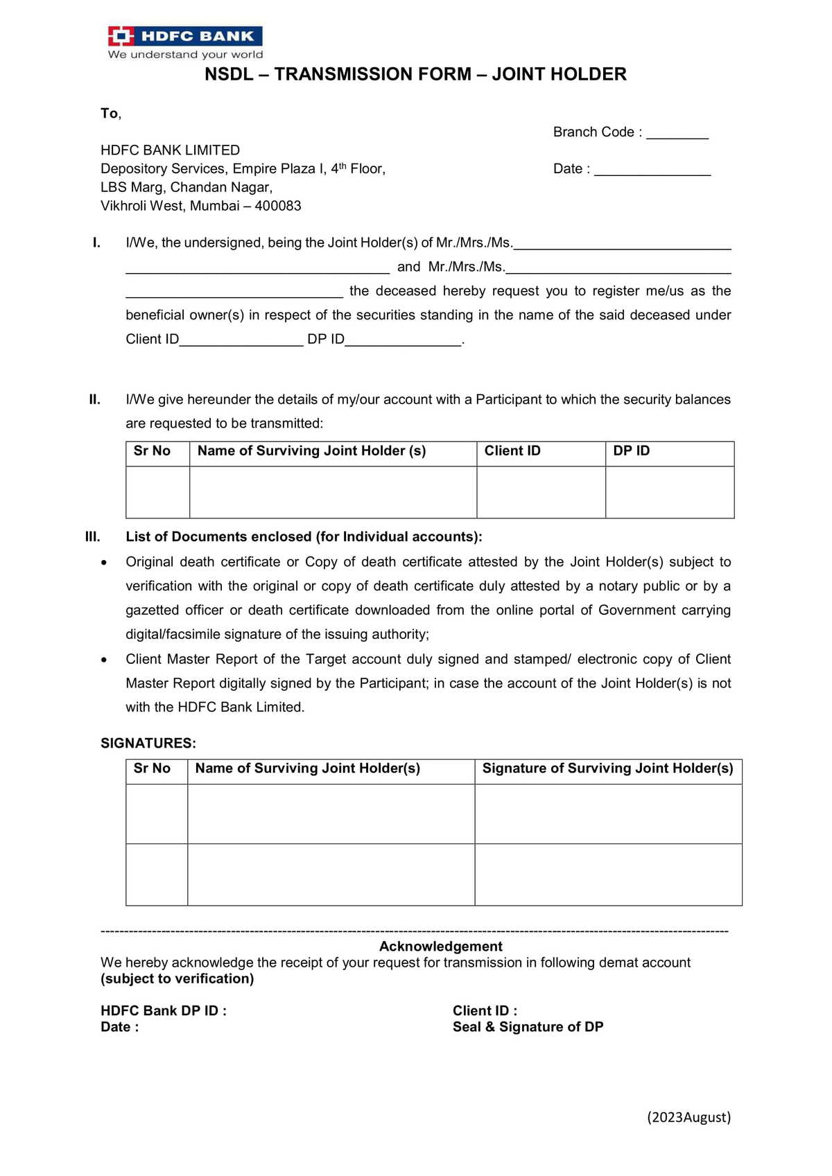 HDFC Bank NSDL-Transmission Form-Joint Holder