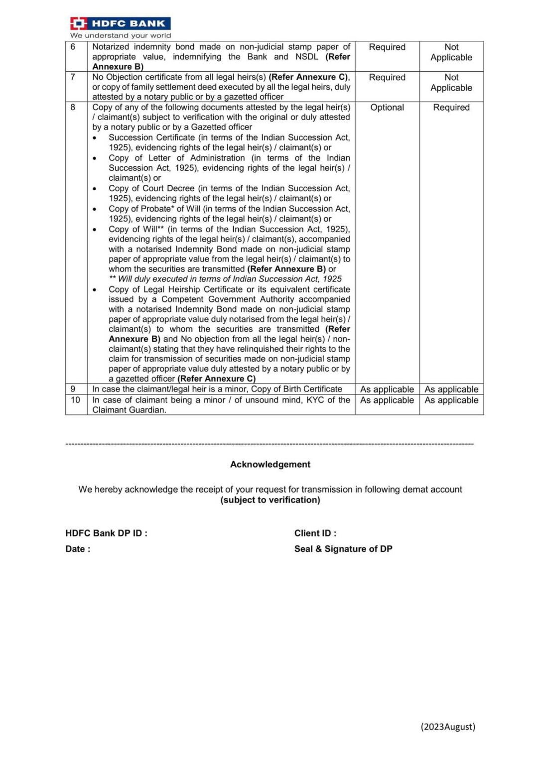 HDFC Bank NSDL Transmission Form No Nominee Download in PDF