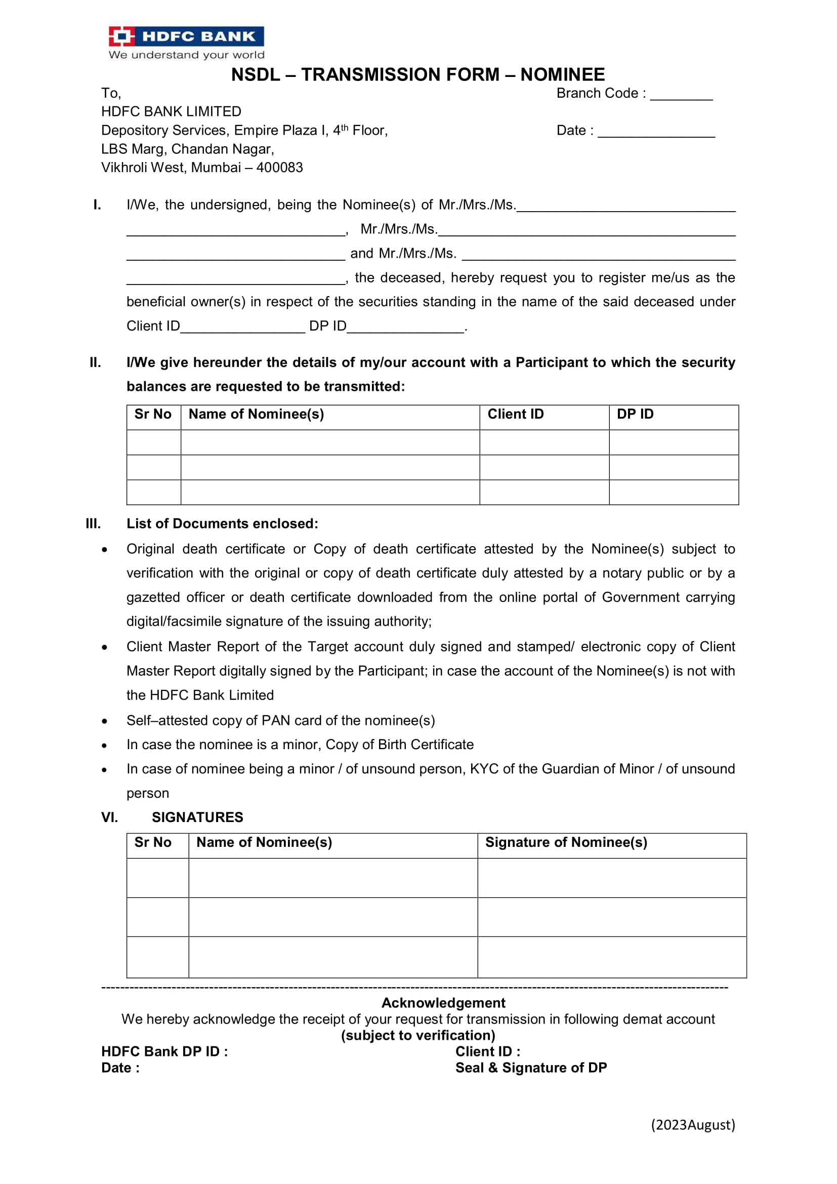 HDFC Bank NSDL-Transmission Form