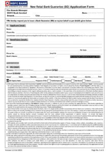 HDFC Bank New Retail Bank Guarantee (BG) Application-2 Form Download in PDF