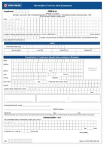 HDFC Bank Nomination Form For Joint Licensee/s in PDF Download