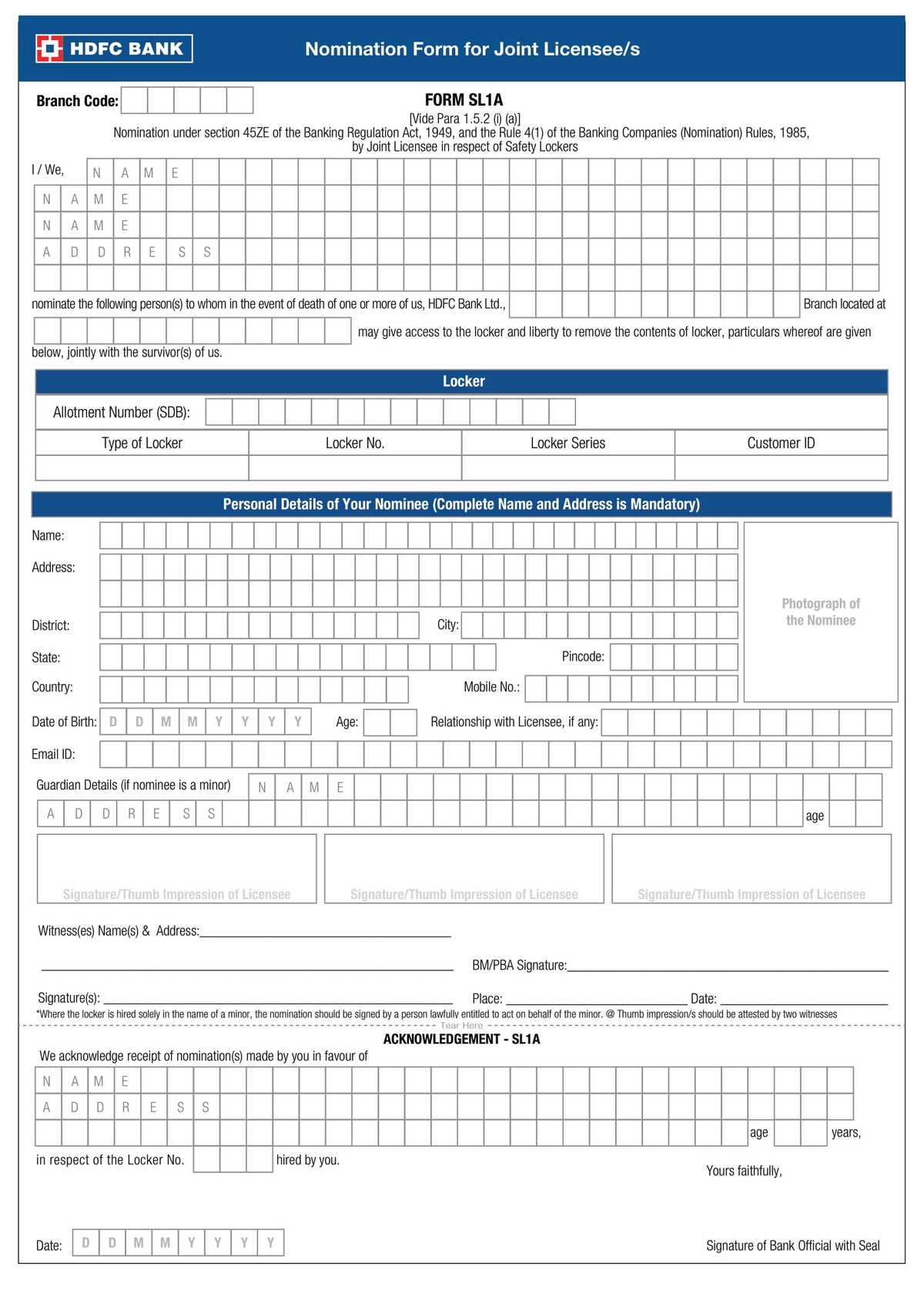 HDFC Bank Nomination Form For Joint Licensee