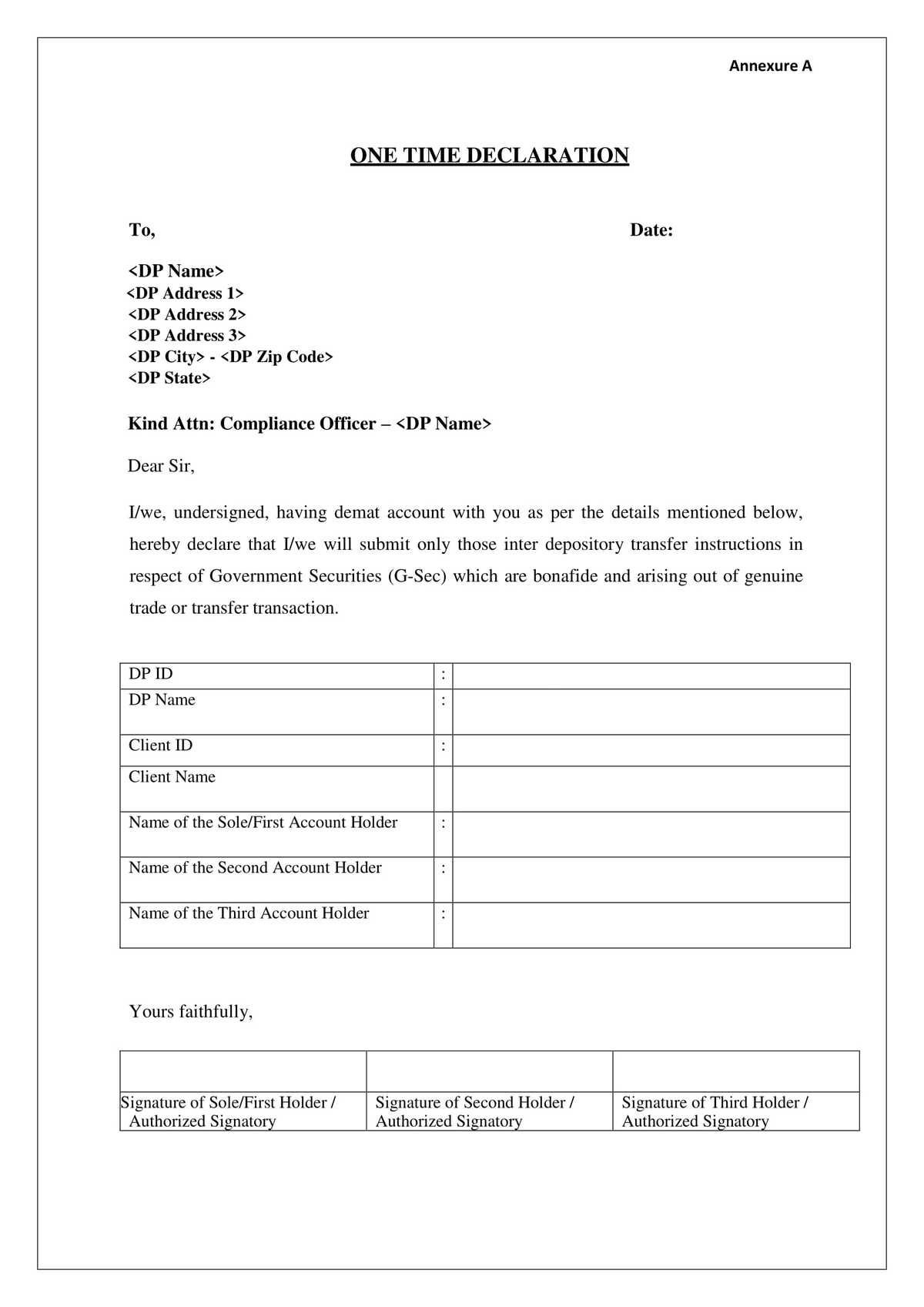 HDFC Bank One Time Declaration Form-