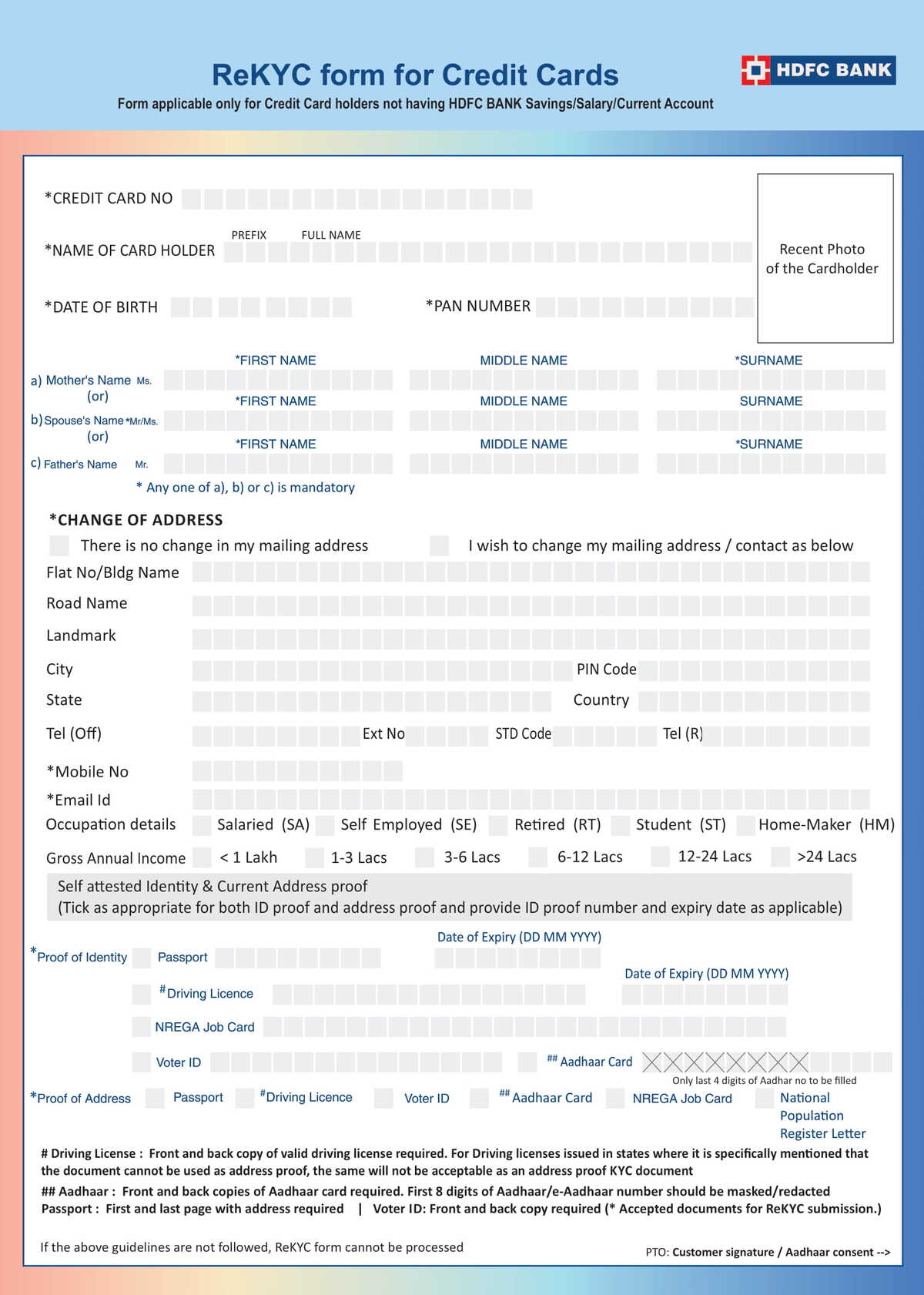 HDFC Bank Re-KYC Form for Credit Cards Download in PDF