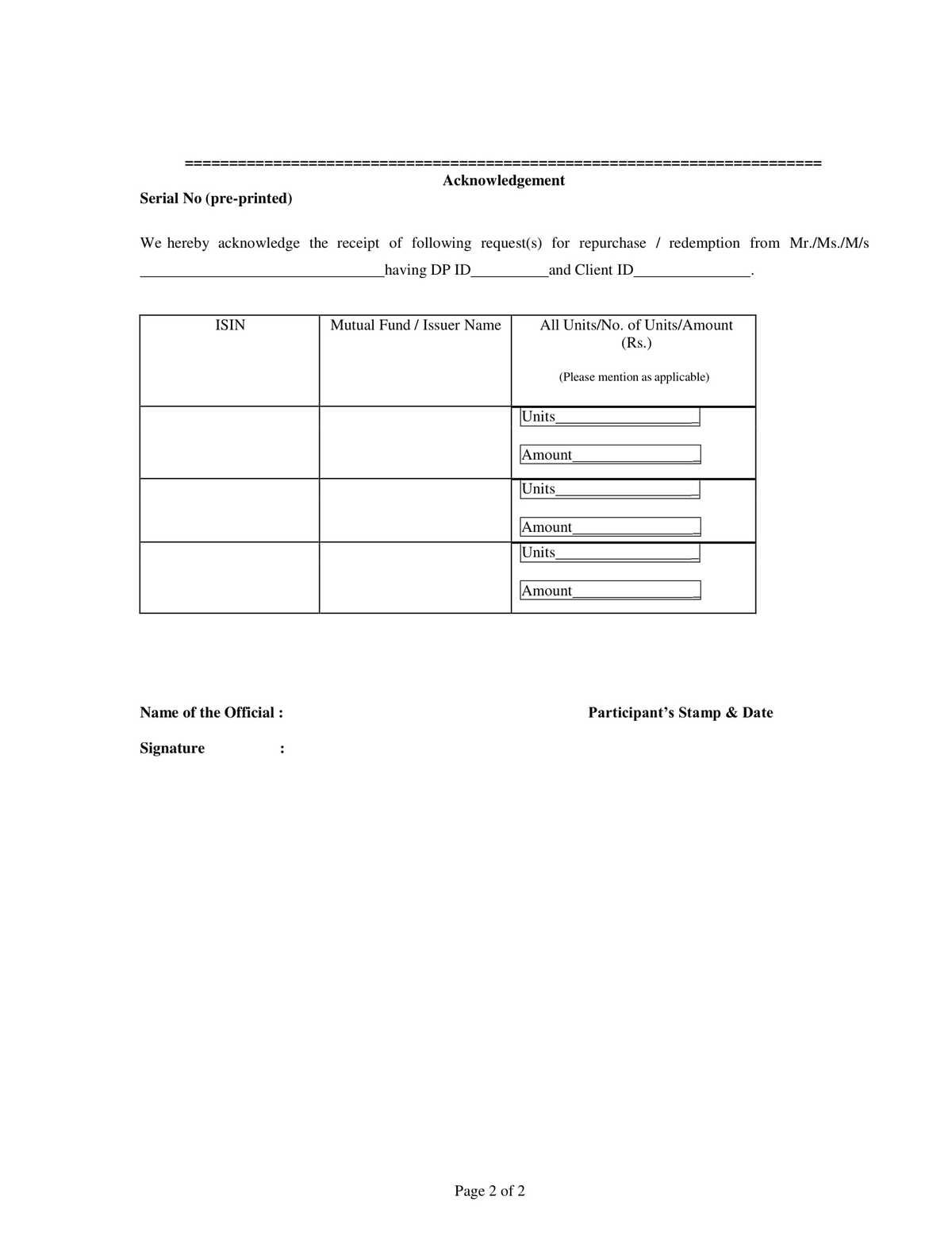 HDFC Bank Repurchase or Redemption Form-2