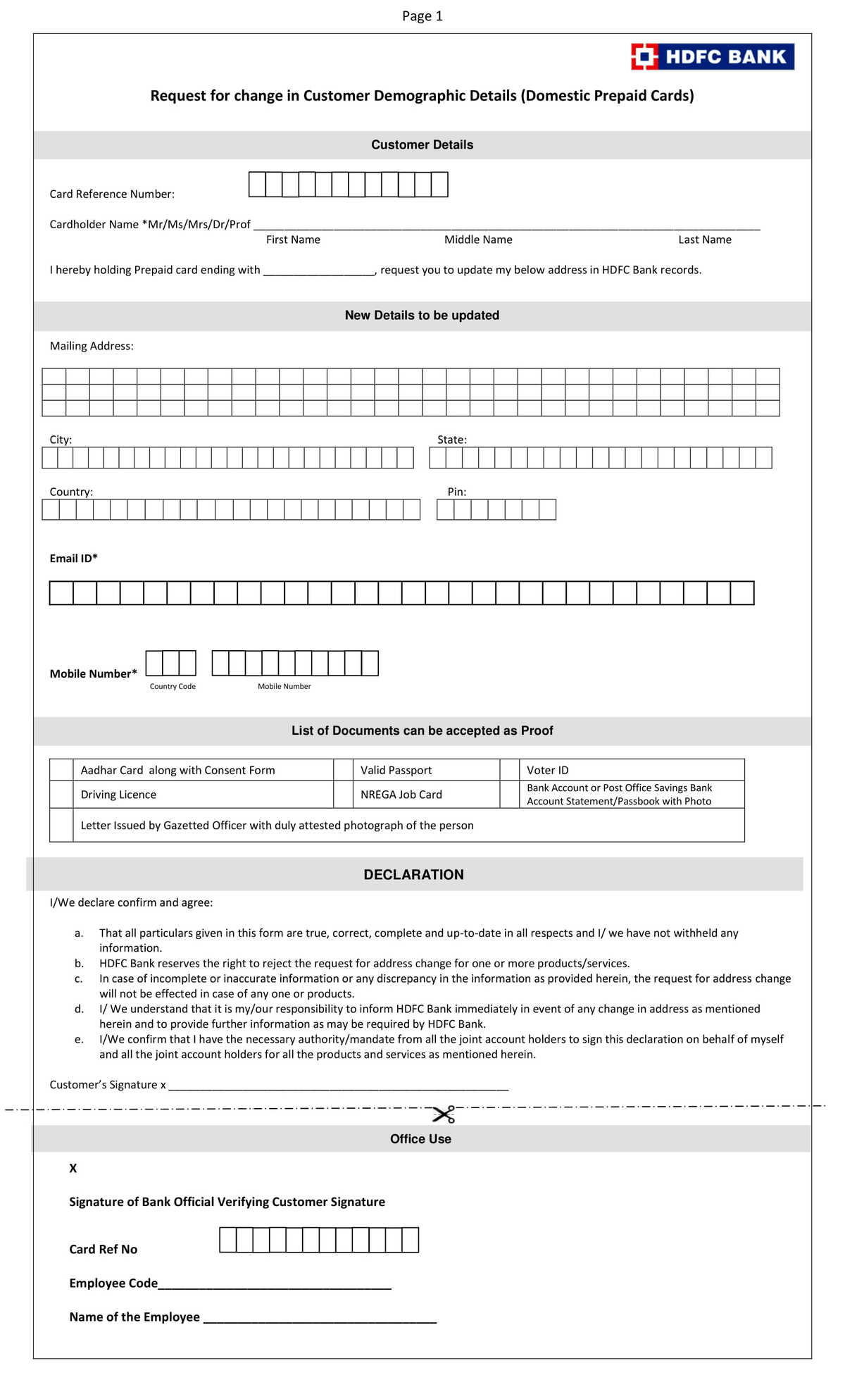 HDFC Bank Request Form for Change in Customer Demographic Details (Domestic Prepaid Cards)