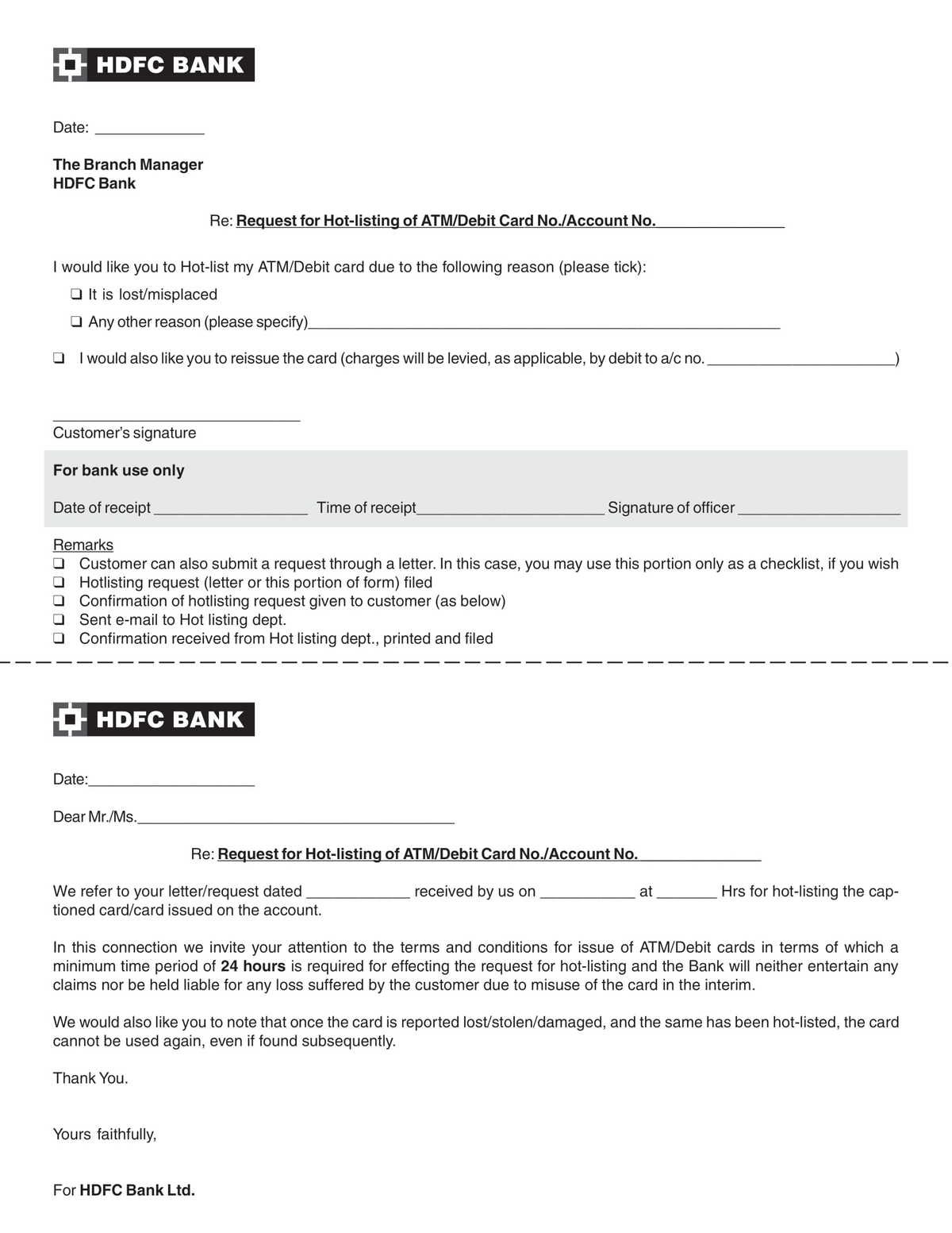 HDFC Bank Request Form for HotListing of ATM/Debit Car No/Account No