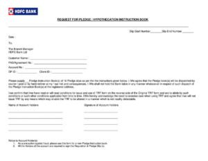 HDFC Bank Request Form for Pledge/Hypothecation Instruction Book Download in PDF