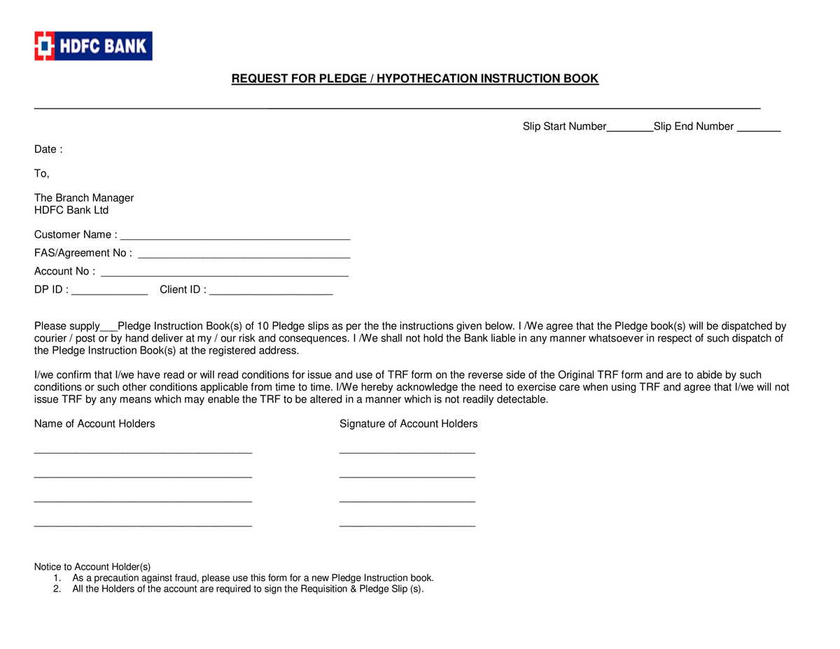 HDFC Bank Request Form for Pledge or Hypothecation Instruction Book