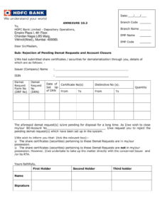 HDFC Bank Request Form for Rejection of Pending Demat Request and Account Closure Download in PDF