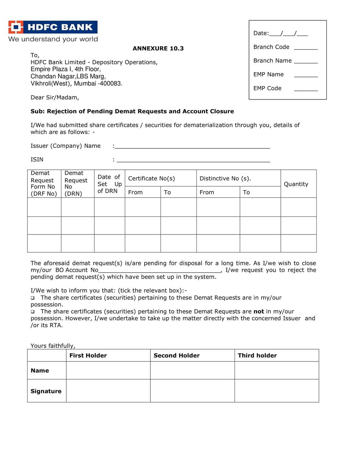 HDFC Bank Request Form for Rejection of Pending Demat Request and Account Closure