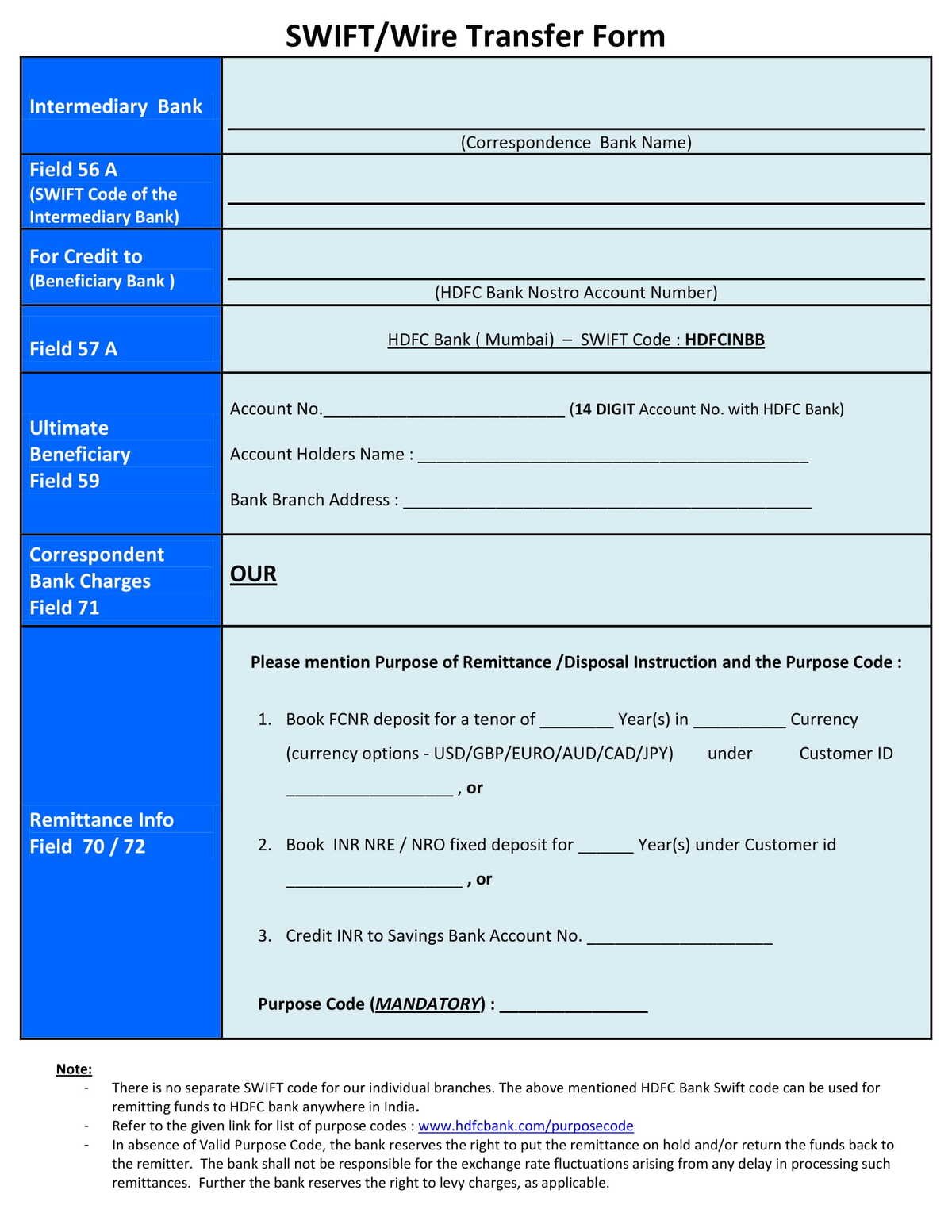 HDFC Bank SWIFT or Wire Transfer Form