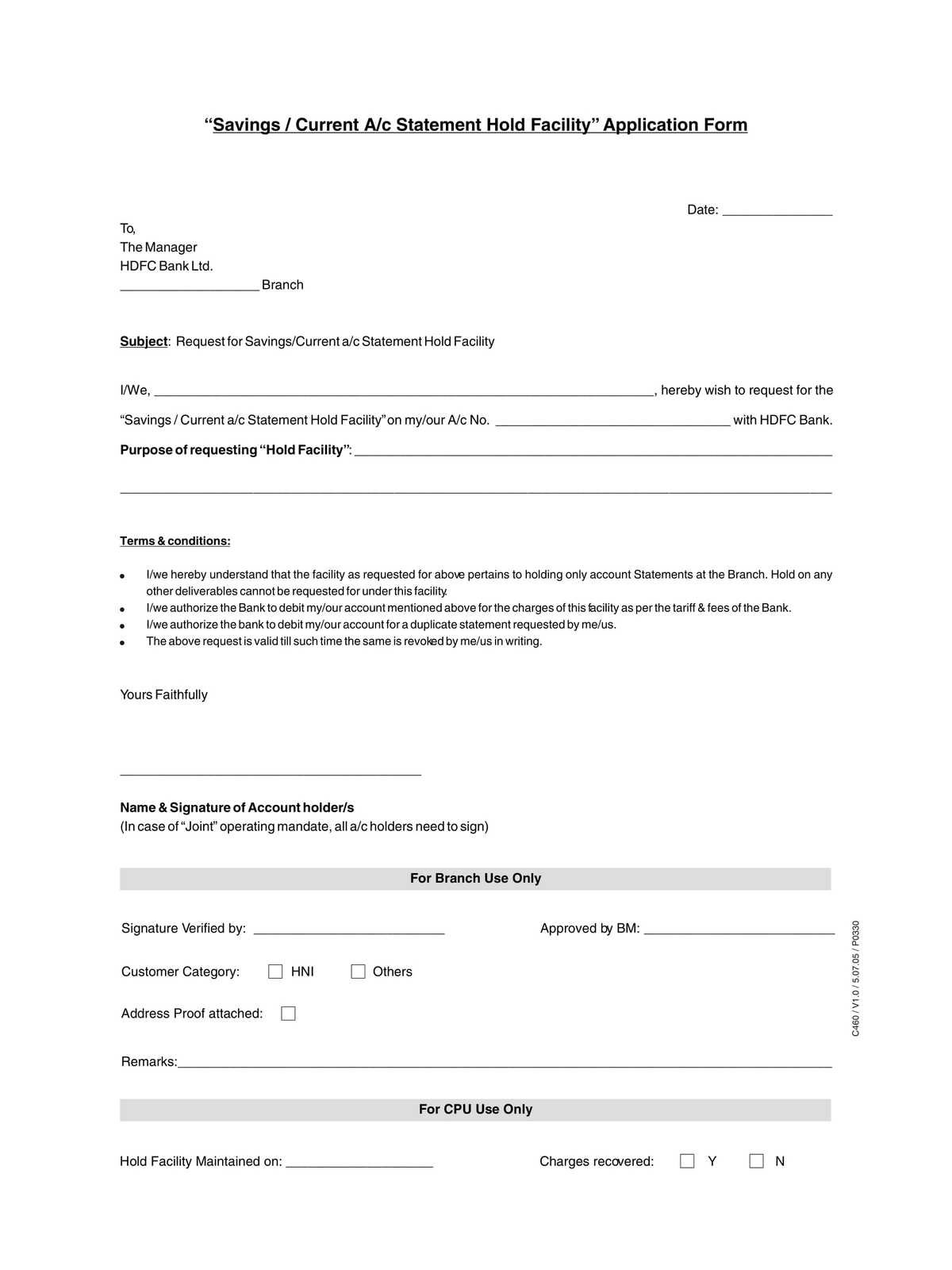 HDFC Bank Savings OR Current Account Statement Hold Facility Application Form