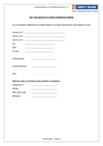 HDFC Bank Self Declaration of Current Residence Address Form Download in PDF