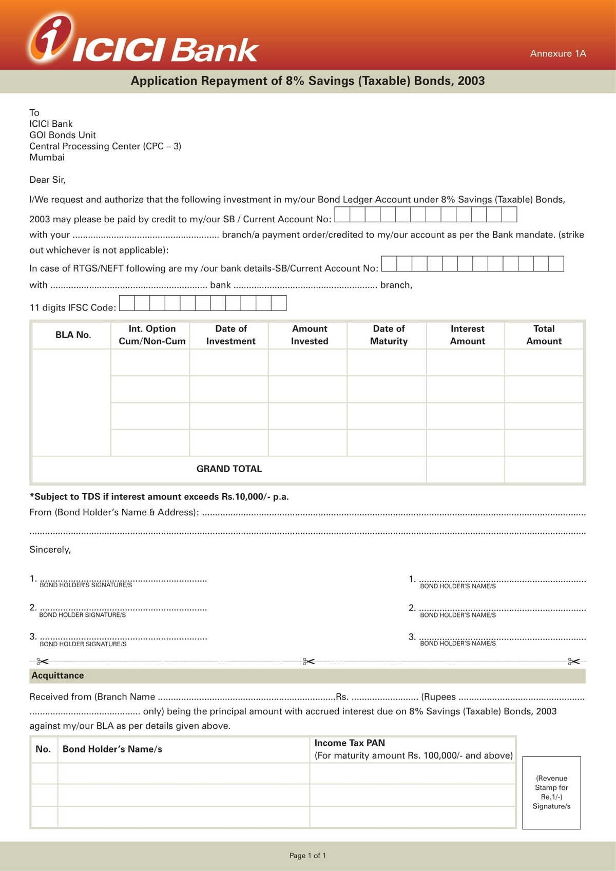 ICICI Bank Annexure 1A 8.0 Form Download in PDF-1