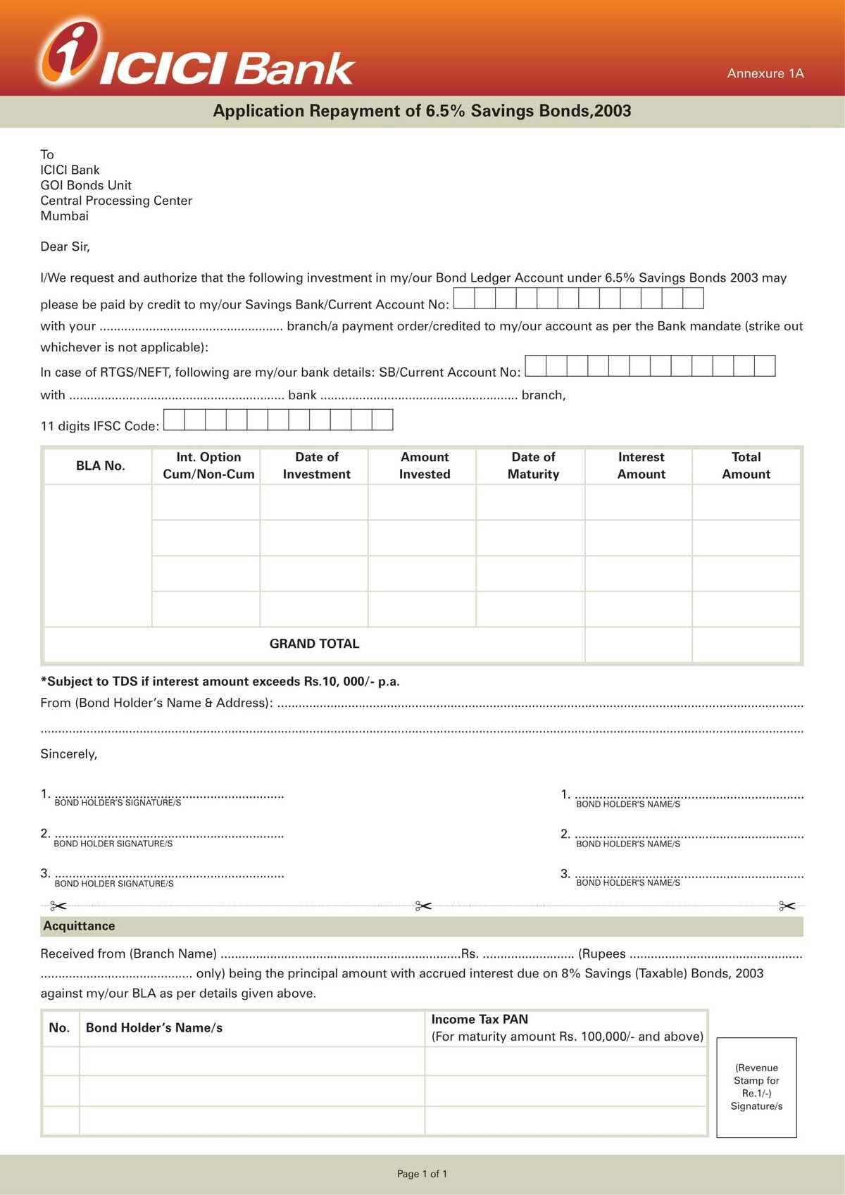 ICICI Bank Application Repayment Of 6.5 Savings Bond Form Download in PDF-1