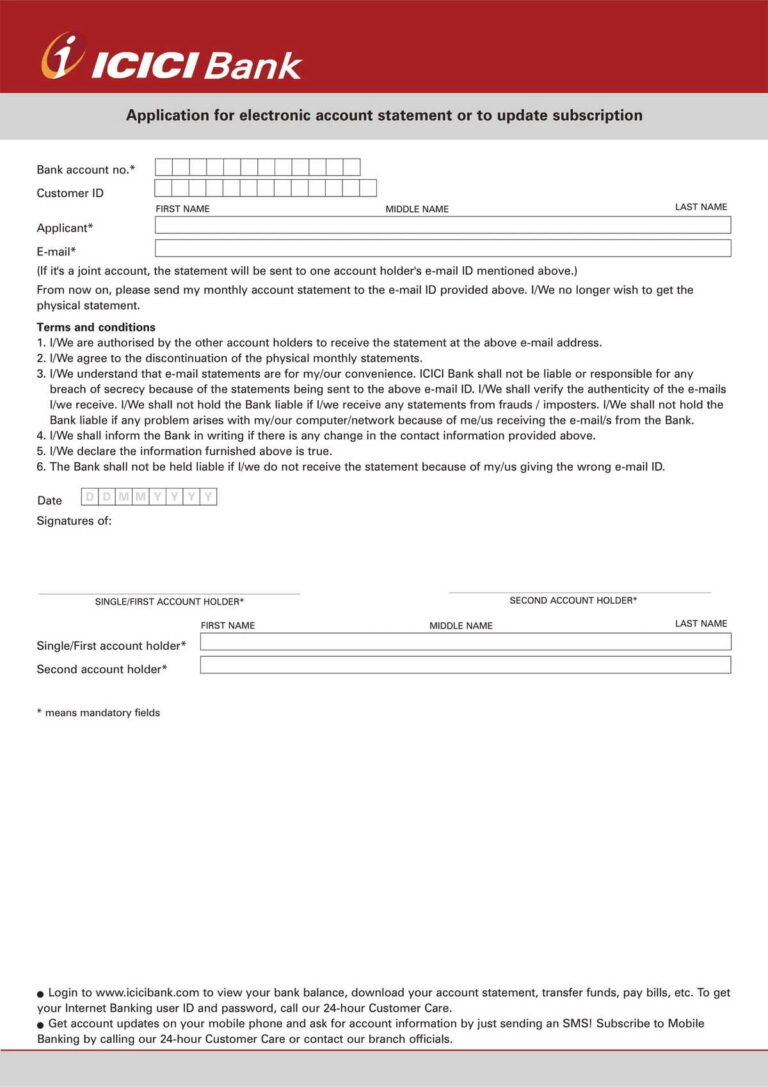 ICICI Bank Electronic Account Statement Application Form Download in PDF