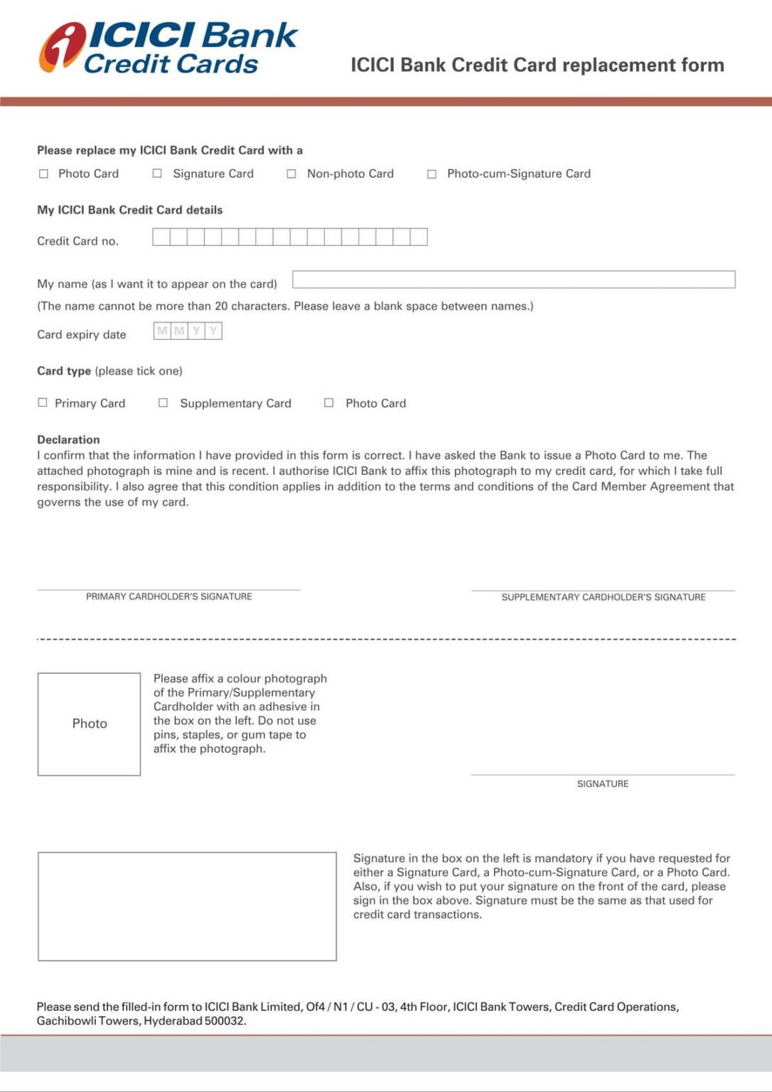 ICICI Bank Credit Card Replacement Form Download in PDF