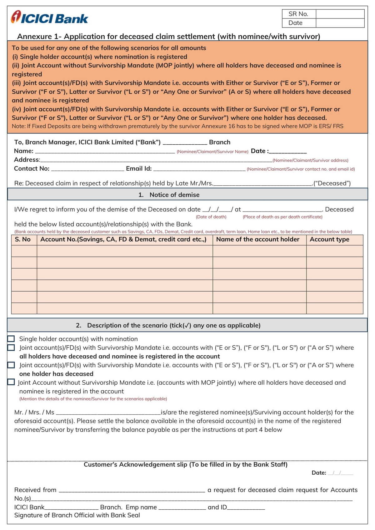 ICICI Bank Deceased Claim Settlement with Nominee Application Form Download in PDF-1