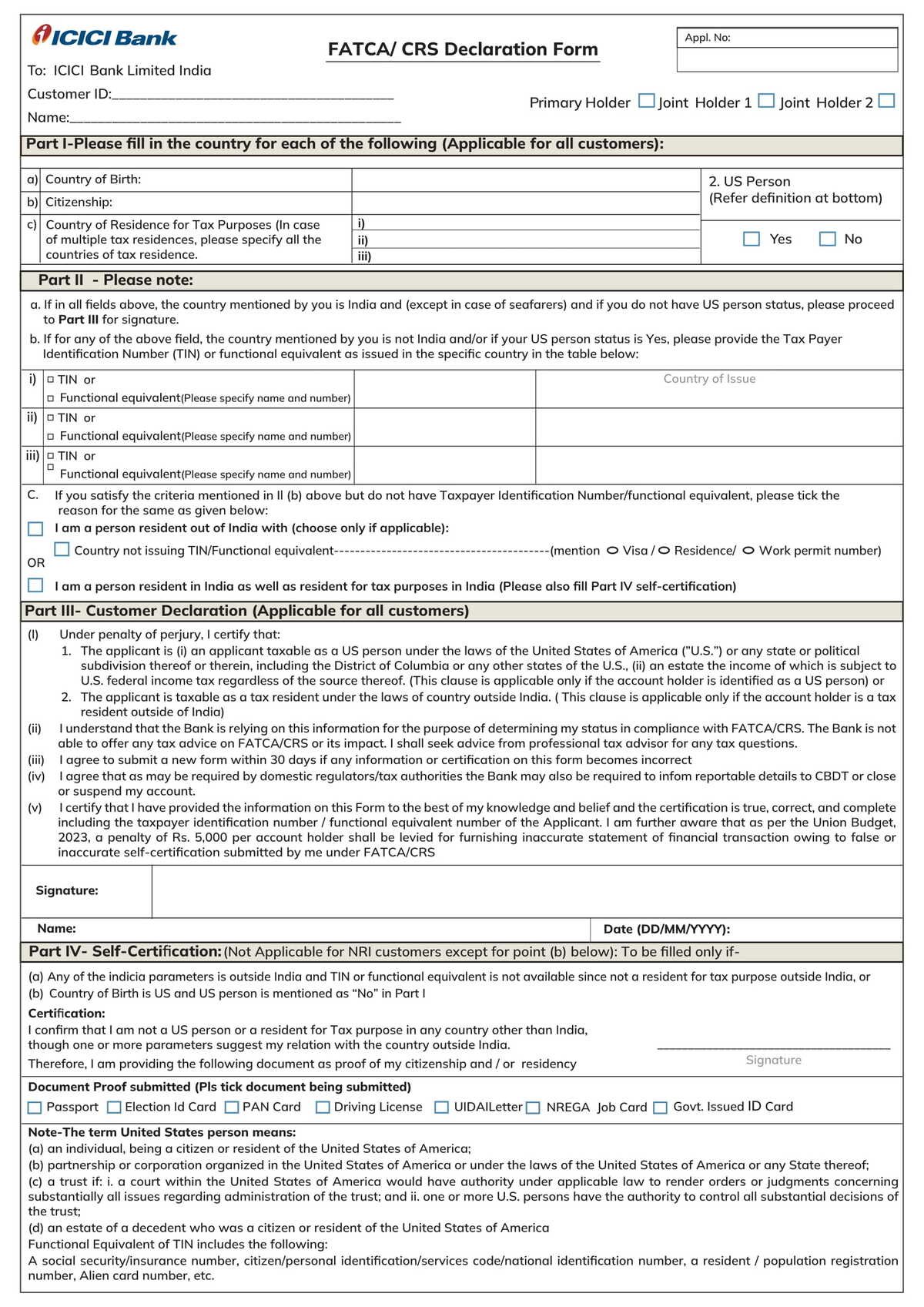 ICICI Bank Individual FATCA or CRS Declaration Form Download in PDF-1